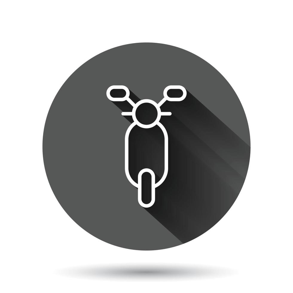 icono de moto en estilo plano. ilustración de vector de scooter sobre fondo redondo negro con efecto de sombra larga. Concepto de negocio de botón de círculo de vehículo de ciclomotor.