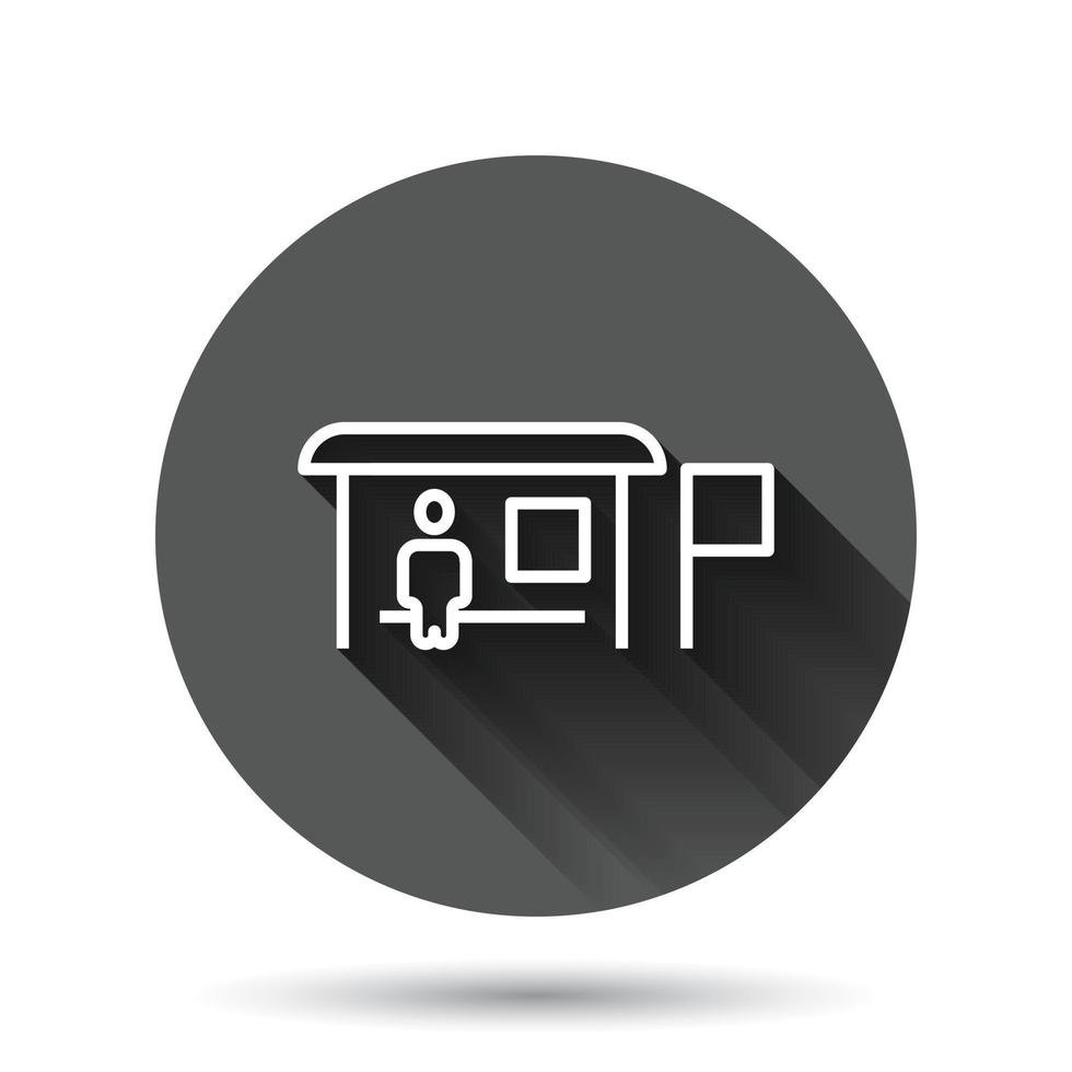 Bus station icon in flat style. Auto stop vector illustration on black round background with long shadow effect. Autobus vehicle circle button business concept.