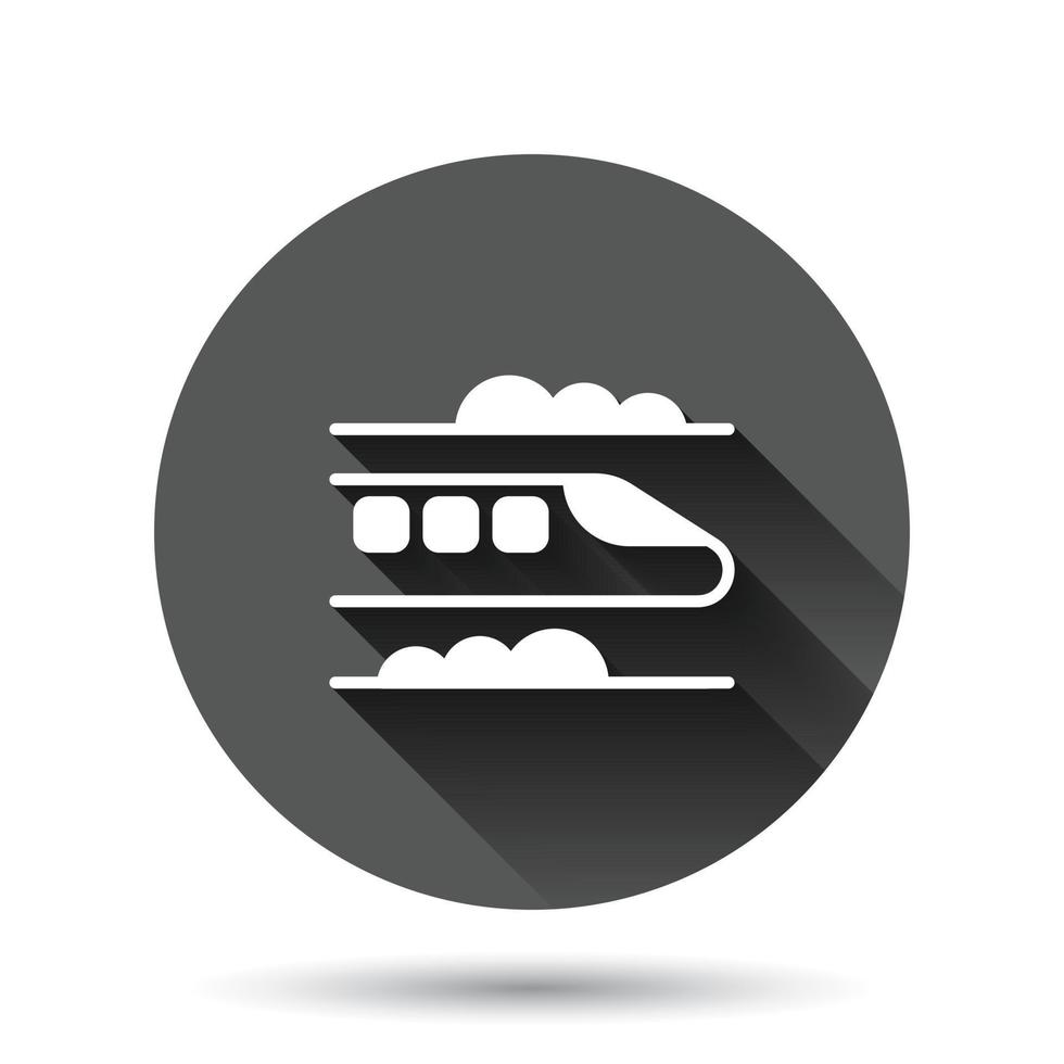 Metro icon in flat style. Train subway vector illustration on black round background with long shadow effect. Railroad cargo circle button business concept.
