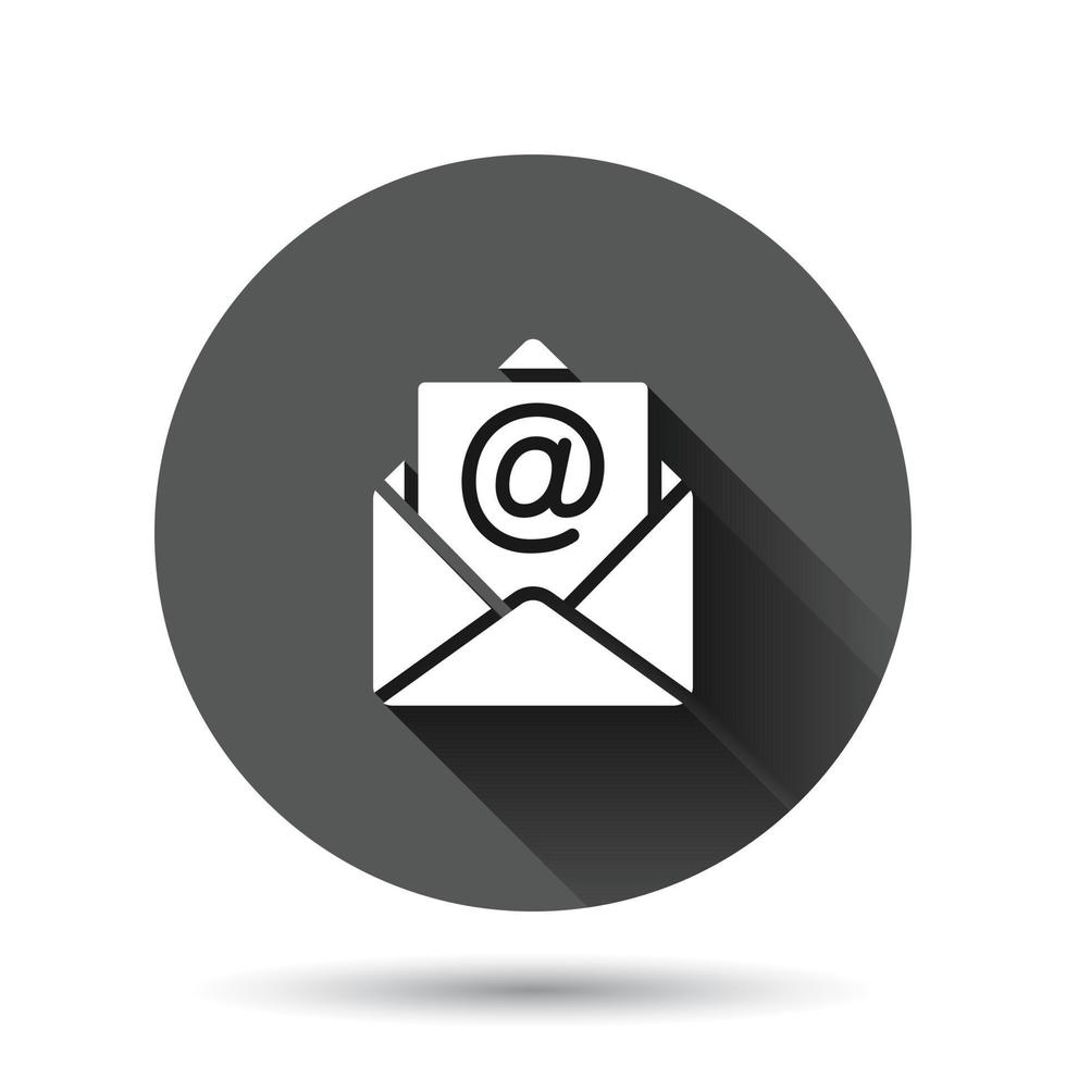 Email message icon in flat style. Mail document vector illustration on black round background with long shadow effect. Message correspondence circle button business concept.