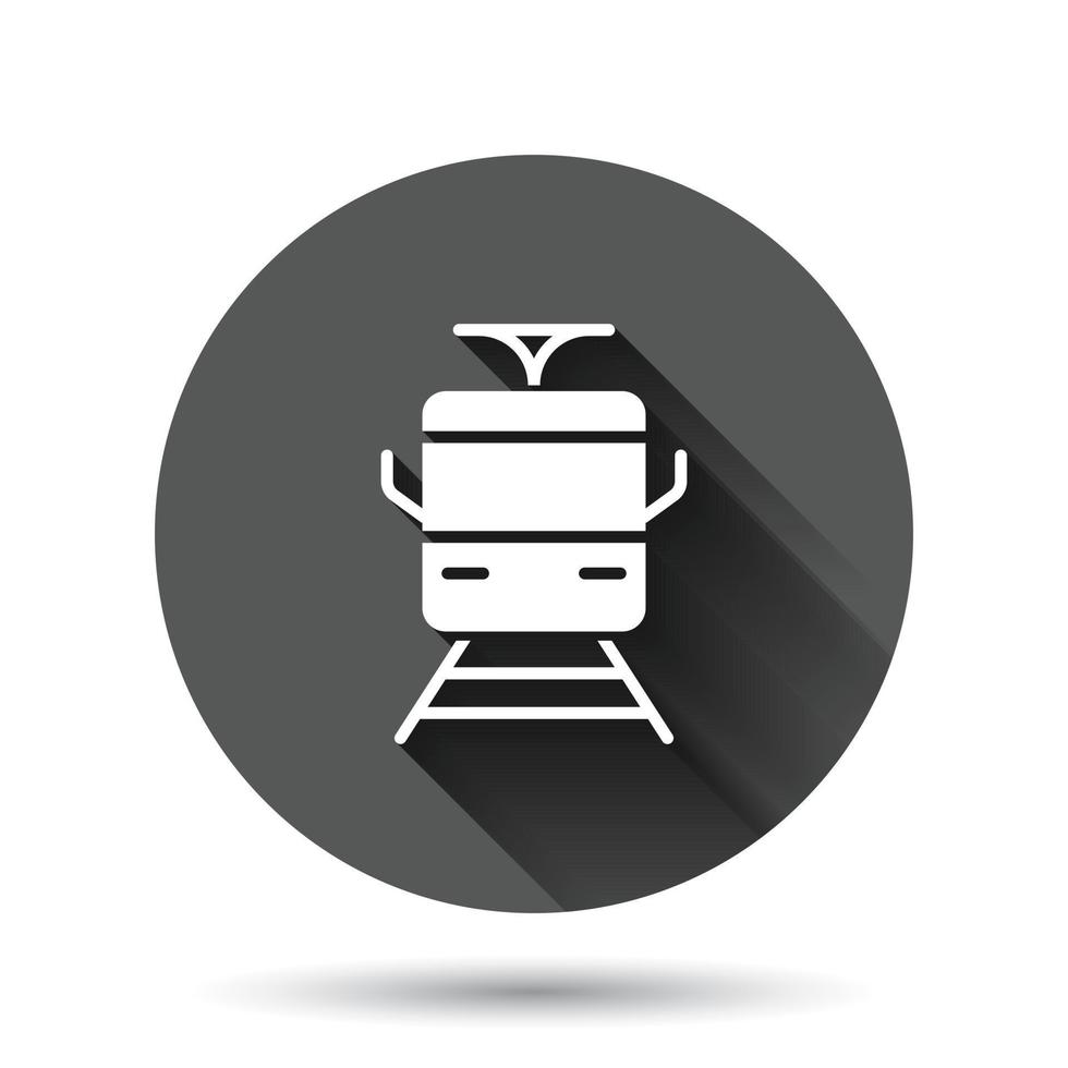 Metro icon in flat style. Train subway vector illustration on black round background with long shadow effect. Railroad cargo circle button business concept.