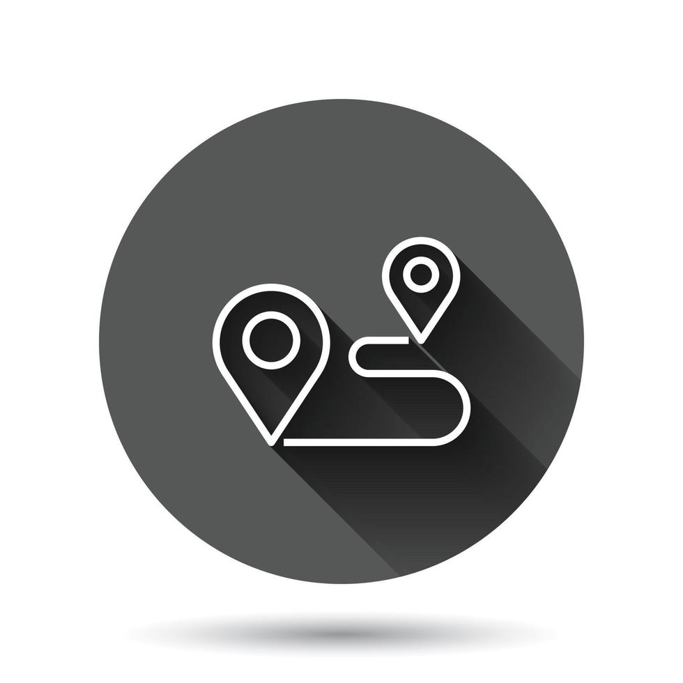 Map pin icon in flat style. GPS navigation vector illustration on black round background with long shadow effect. Locate position circle button business concept.