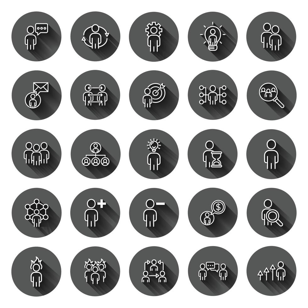 People leadership icon set in flat style. Person collection vector illustration on black round background with long shadow effect. User teamwork circle button business concept.