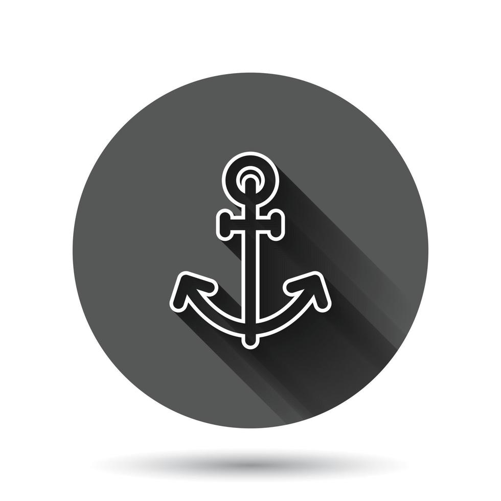 Boat anchor icon in flat style. Vessel hook vector illustration on black round background with long shadow effect. Ship equipment circle button business concept.