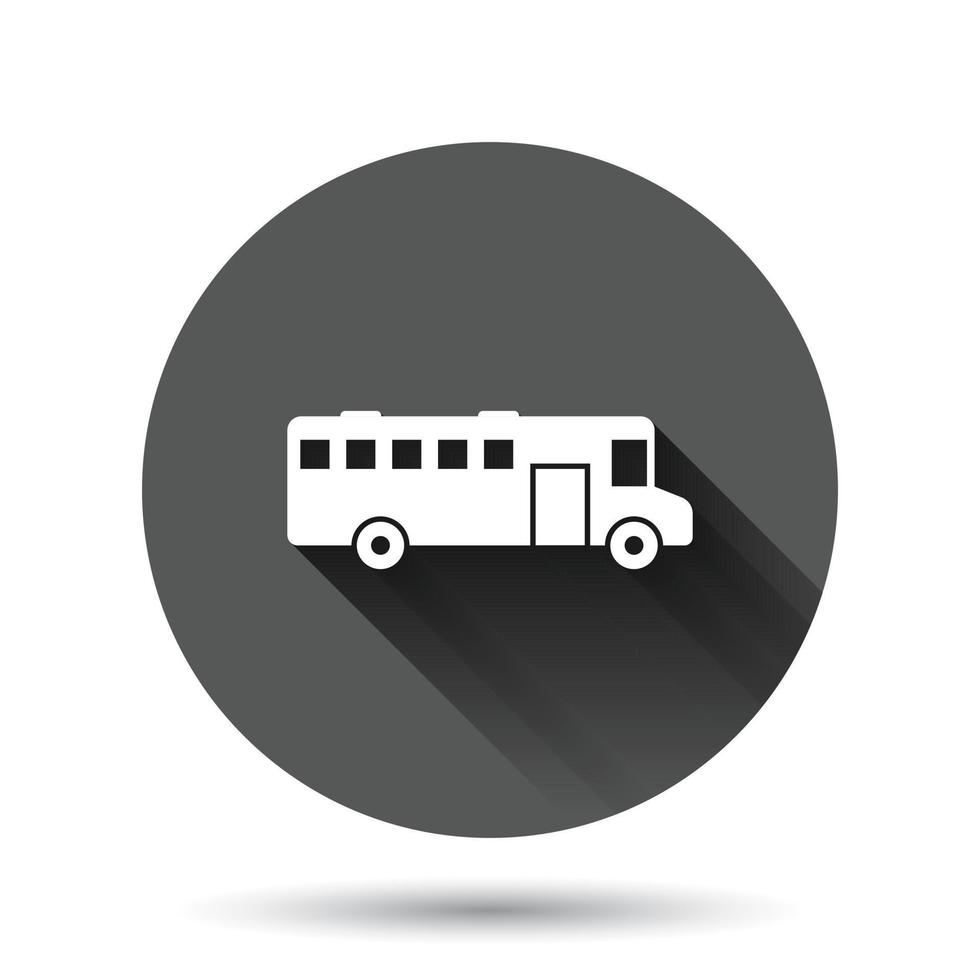 Bus icon in flat style. Coach vector illustration on black round background with long shadow effect. Autobus vehicle circle button business concept.