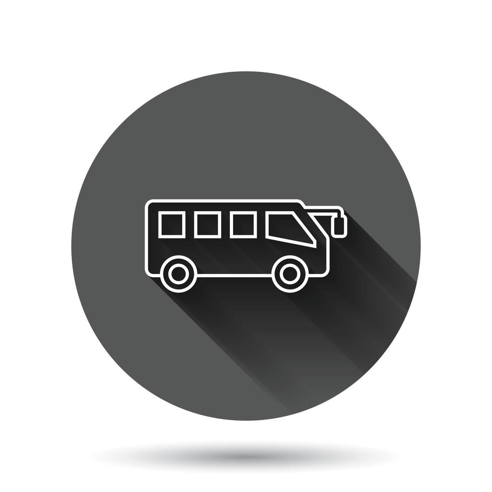 Bus icon in flat style. Coach vector illustration on black round background with long shadow effect. Autobus vehicle circle button business concept.