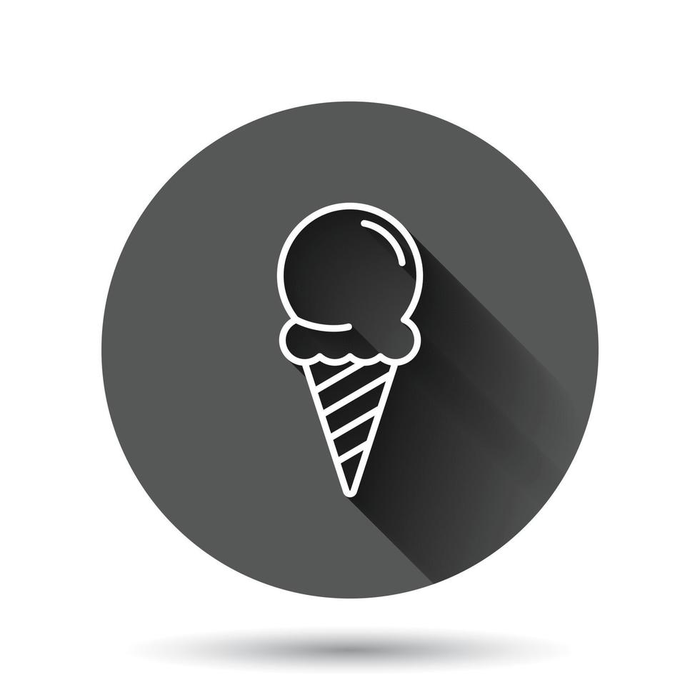 Ice cream icon in flat style. Sundae vector illustration on black round background with long shadow effect. Sorbet dessert circle button business concept.