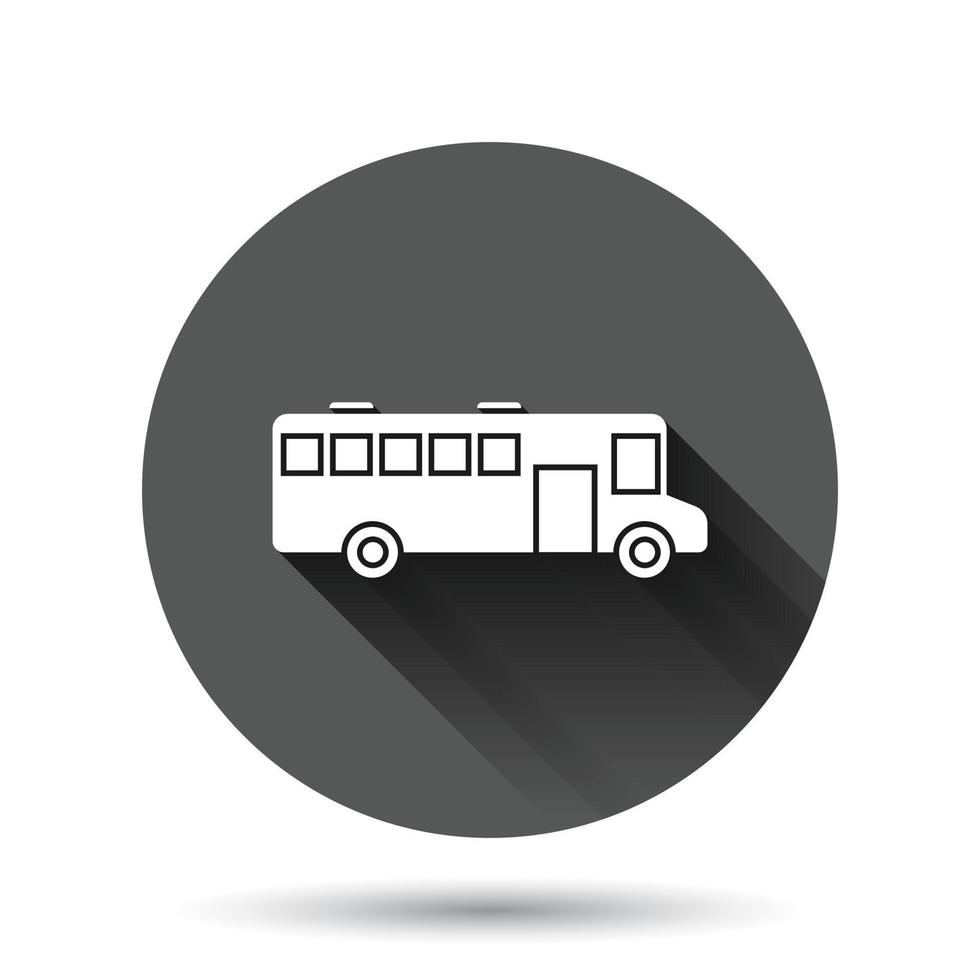 Bus icon in flat style. Coach vector illustration on black round background with long shadow effect. Autobus vehicle circle button business concept.