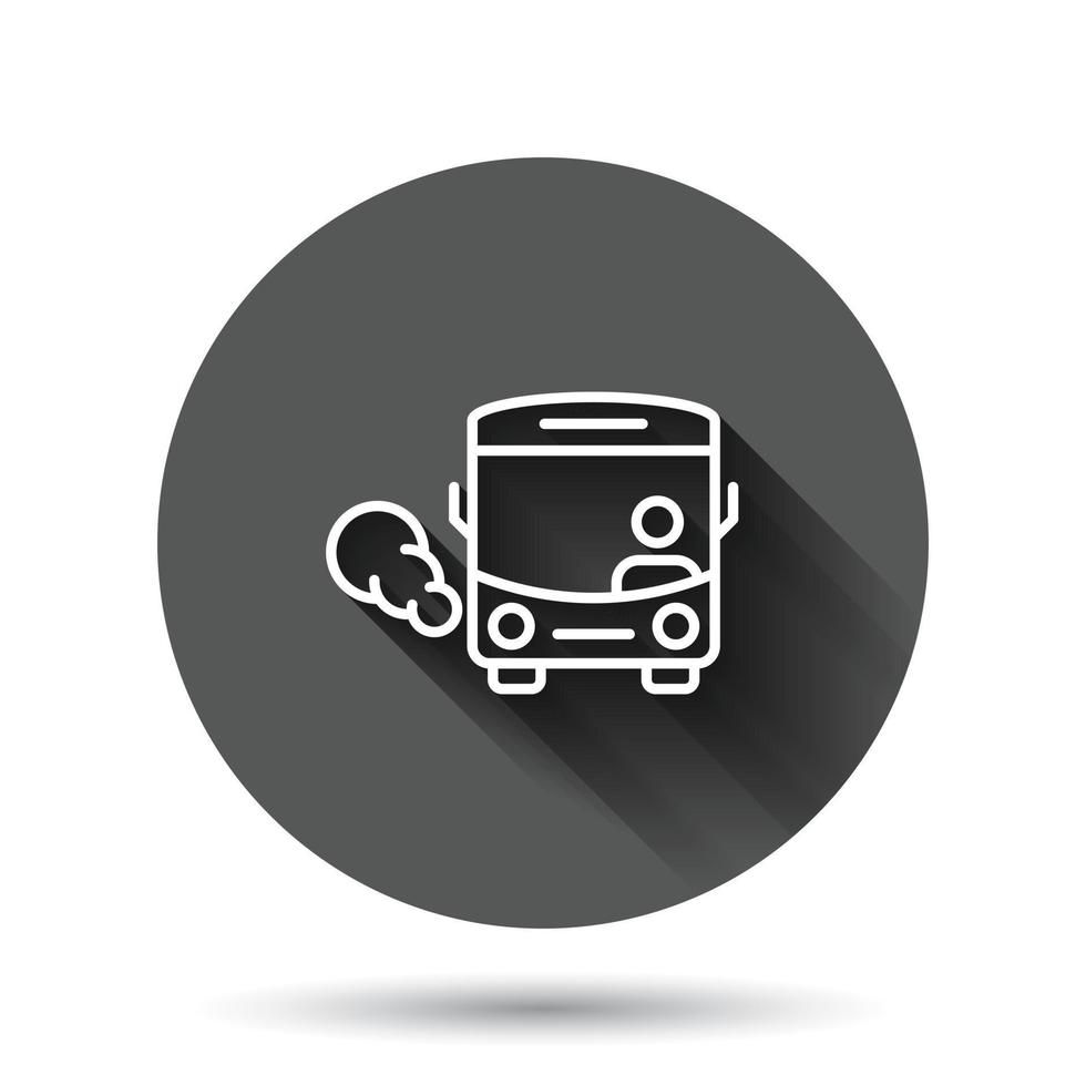icono de autobús en estilo plano. Ilustración de vector de entrenador sobre fondo redondo negro con efecto de sombra larga. concepto de negocio de botón de círculo de vehículo autobus.