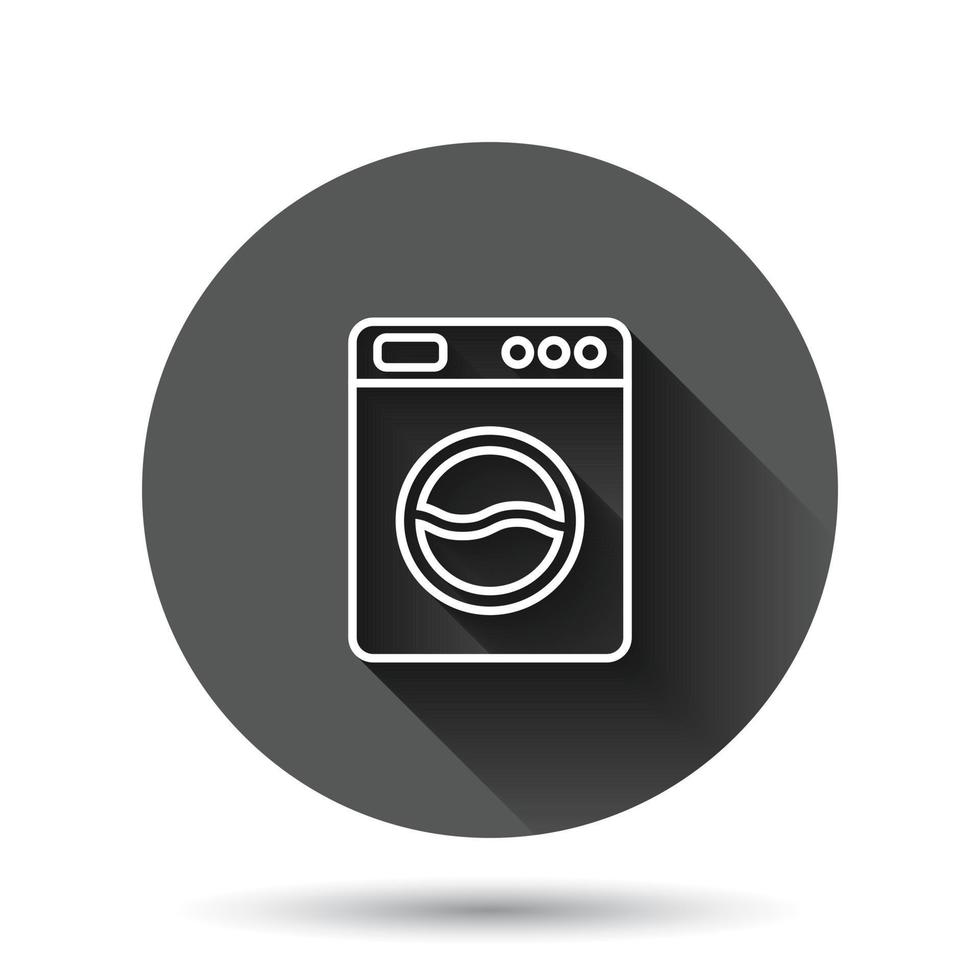 Washing machine icon in flat style. Washer vector illustration on black round background with long shadow effect. Laundry circle button business concept.