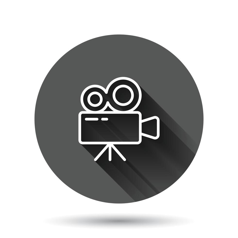 Projector icon in flat style. Cinema camera vector illustration on black round background with long shadow effect. Movie circle button business concept.