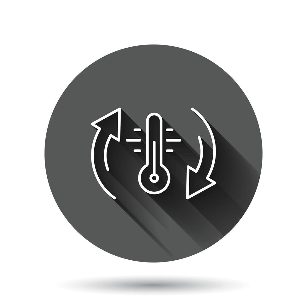Thermometer climate control icon in flat style. Meteorology balance vector illustration on black round background with long shadow effect. Hot, cold temperature circle button business concept.