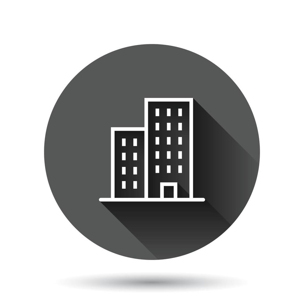 Building icon in flat style. Town skyscraper apartment vector illustration on black round background with long shadow effect. City tower circle button business concept.