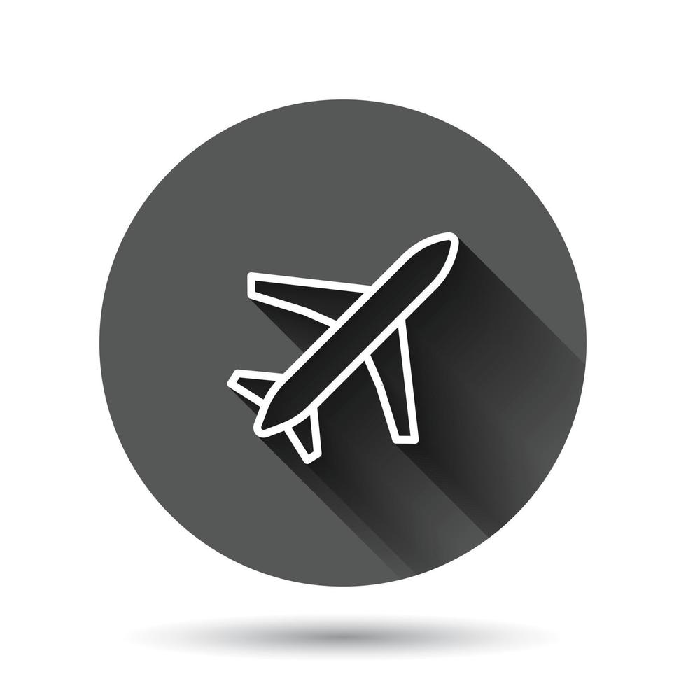 Plane icon in flat style. Airplane vector illustration on black round background with long shadow effect. Flight airliner circle button business concept.