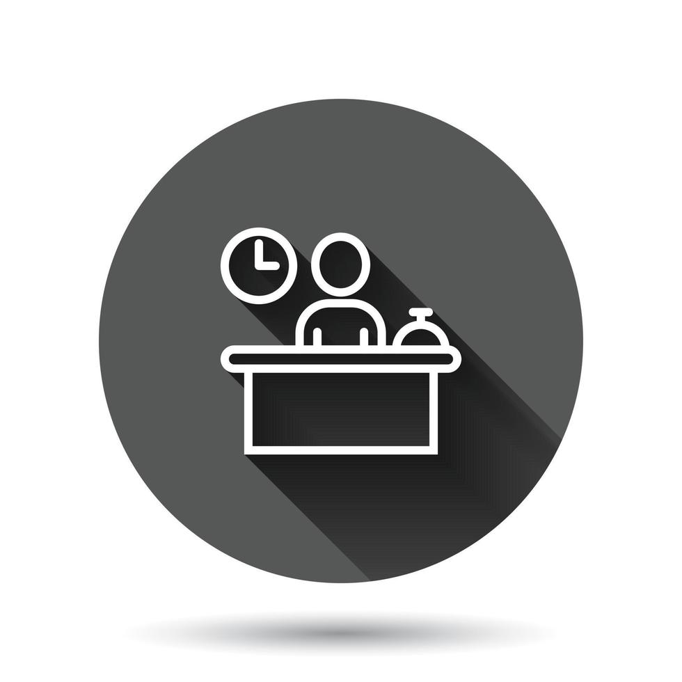 Check in reception icon in flat style. Booking service vector illustration on black round background with long shadow effect. Hotel reservation circle button business concept.