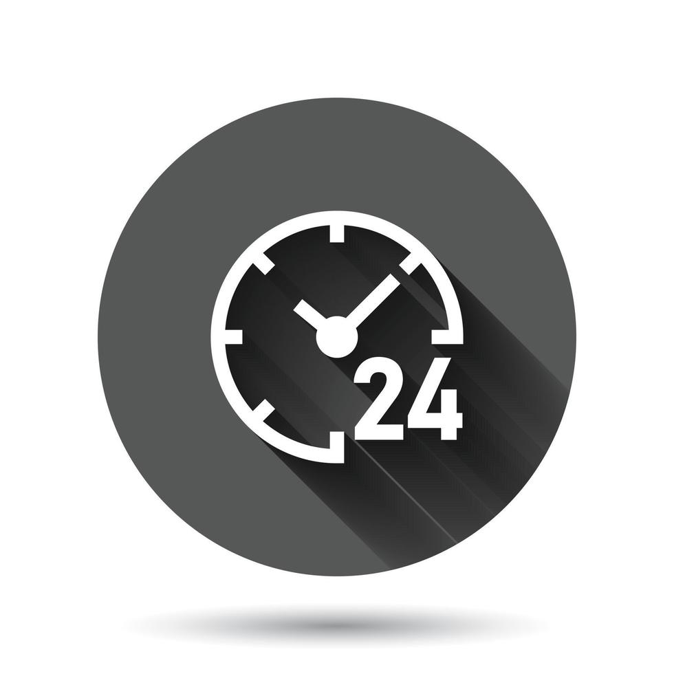 Clock 24 7 icon in flat style. Watch vector illustration on black round background with long shadow effect. Timer circle button business concept.