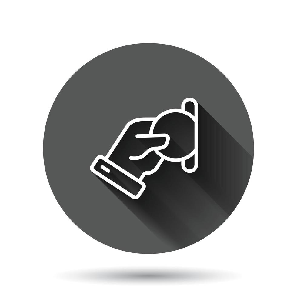Remuneration icon in flat style. Money in hand vector illustration on black round background with long shadow effect. Coin payroll circle button business concept.
