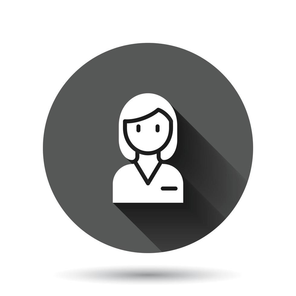 Woman face icon in flat style. People vector illustration on black round background with long shadow effect. Partnership circle button business concept.