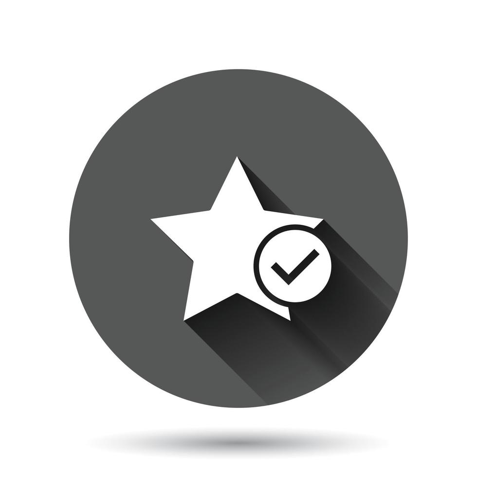 Check mark with star icon in flat style. Add to favorite vector illustration on black round background with long shadow effect. Bookmark circle button business concept.