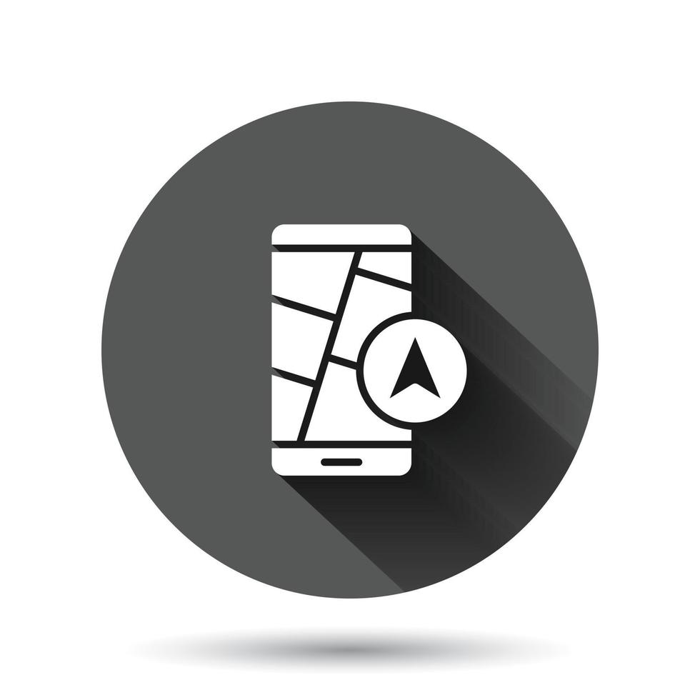Smartphone map icon in flat style. Mobile phone gps navigation vector illustration on black round background with long shadow effect. Locate pin position circle button business concept.