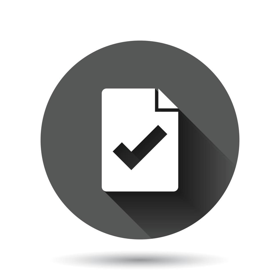 Document checklist icon in flat style. Report vector illustration on black round background with long shadow effect. Paper sheet circle button business concept.