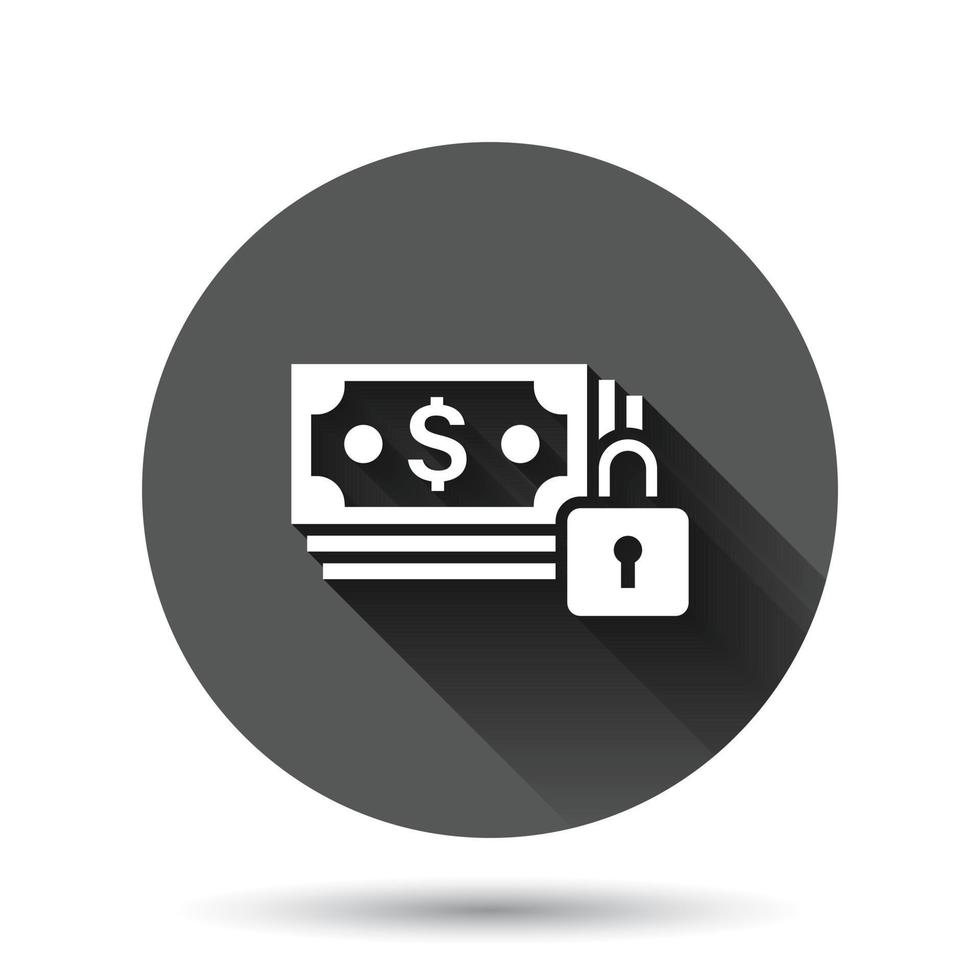 Dollar banknote with lock icon in flat style. Dollar cash safe vector illustration on black round background with long shadow effect. Banknote bill security circle button business concept.