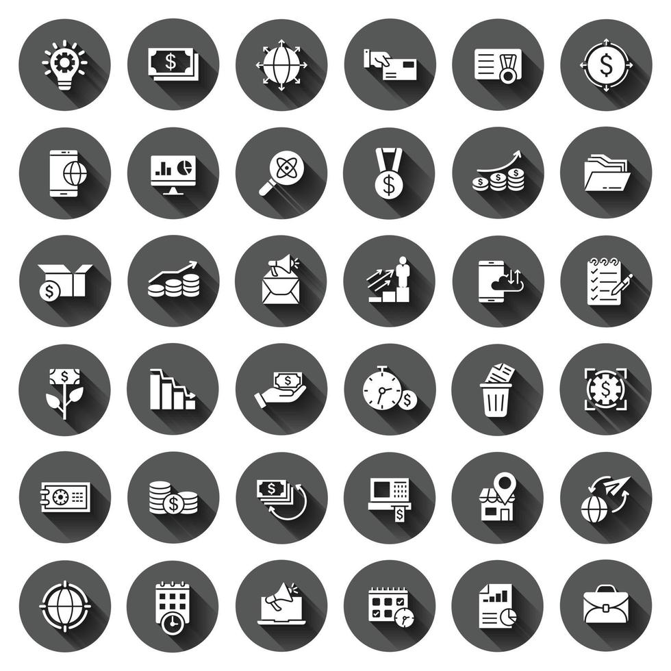 Business icon set in flat style. Make money vector illustration on black round background with long shadow effect. Media internet circle button business concept.