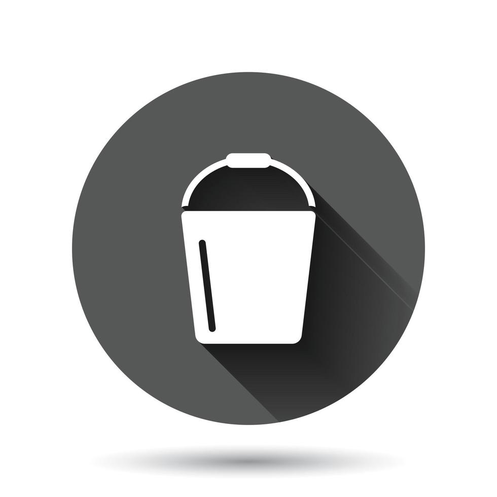 Bucket icon in flat style. Garbage pot vector illustration on black round background with long shadow effect. Pail circle button business concept.