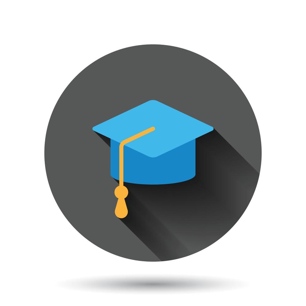Graduation hat icon in flat style. Student cap vector illustration on black round background with long shadow effect. University circle button business concept.