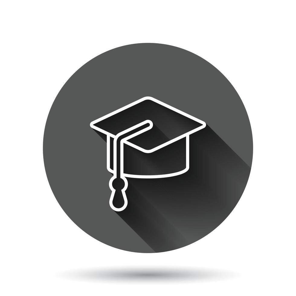 Graduation hat icon in flat style. Student cap vector illustration on black round background with long shadow effect. University circle button business concept.