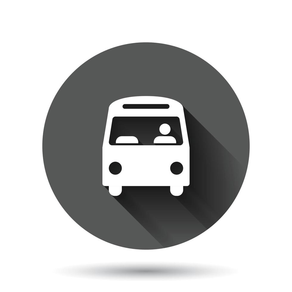 Bus icon in flat style. Coach vector illustration on black round background with long shadow effect. Autobus vehicle circle button business concept.