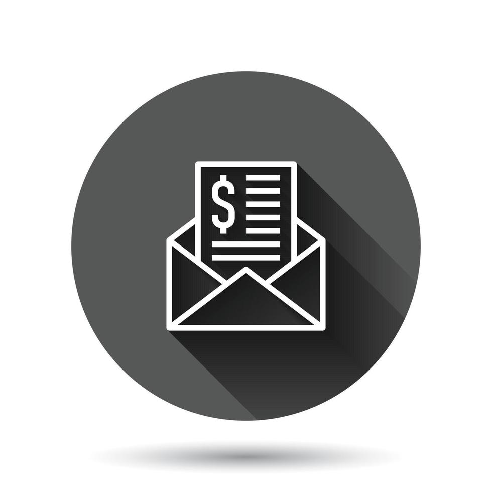 Envelope with money icon in flat style. E-mail cash vector illustration on black round background with long shadow effect. Finance message circle button business concept.