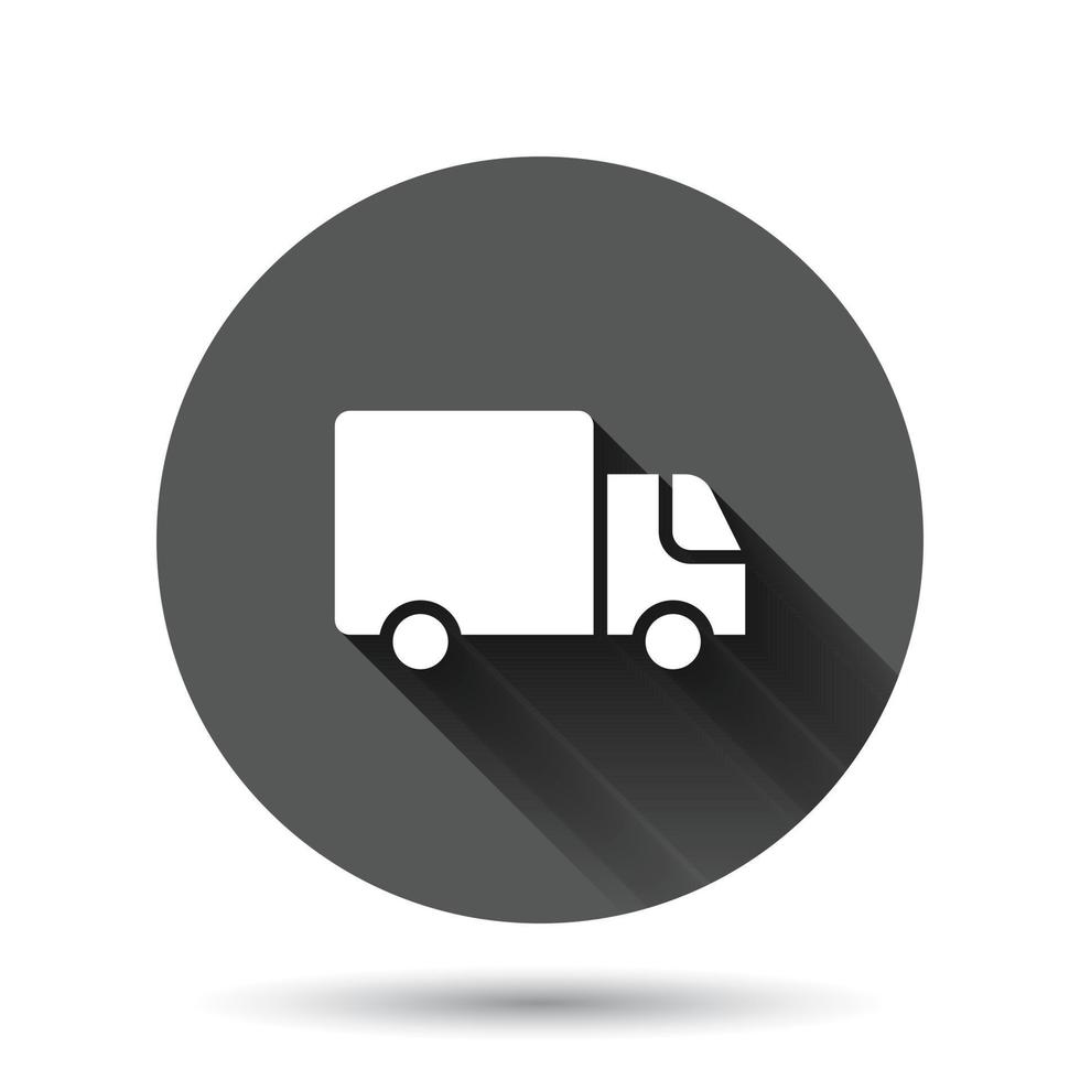 Delivery truck icon in flat style. Van vector illustration on black round background with long shadow effect. Cargo car circle button business concept.