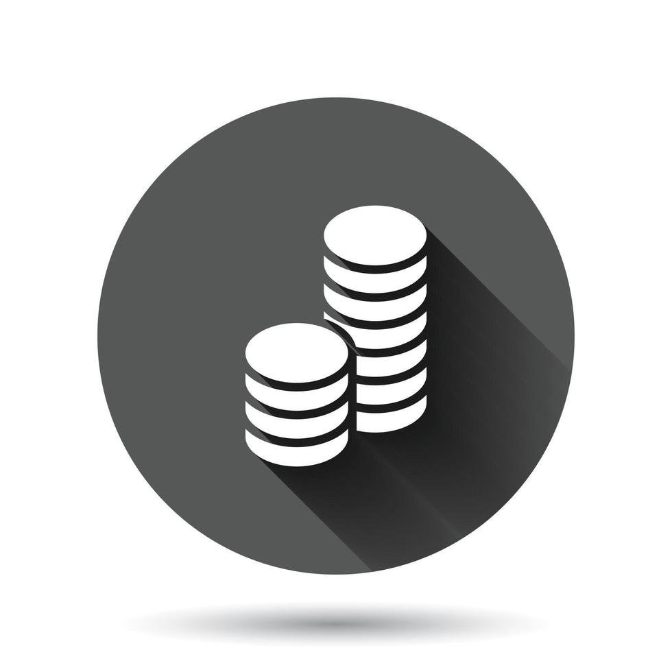 Coins stack icon in flat style. Dollar coin vector illustration on black round background with long shadow effect. Money stacked circle button business concept.