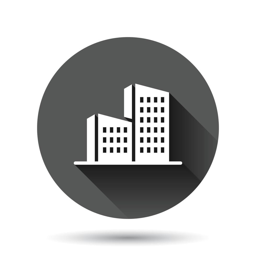 Building icon in flat style. Town skyscraper apartment vector illustration on black round background with long shadow effect. City tower circle button business concept.