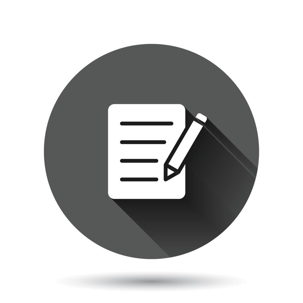 Blogging icon in flat style. Document with pen vector illustration on black round background with long shadow effect. Content circle button business concept.
