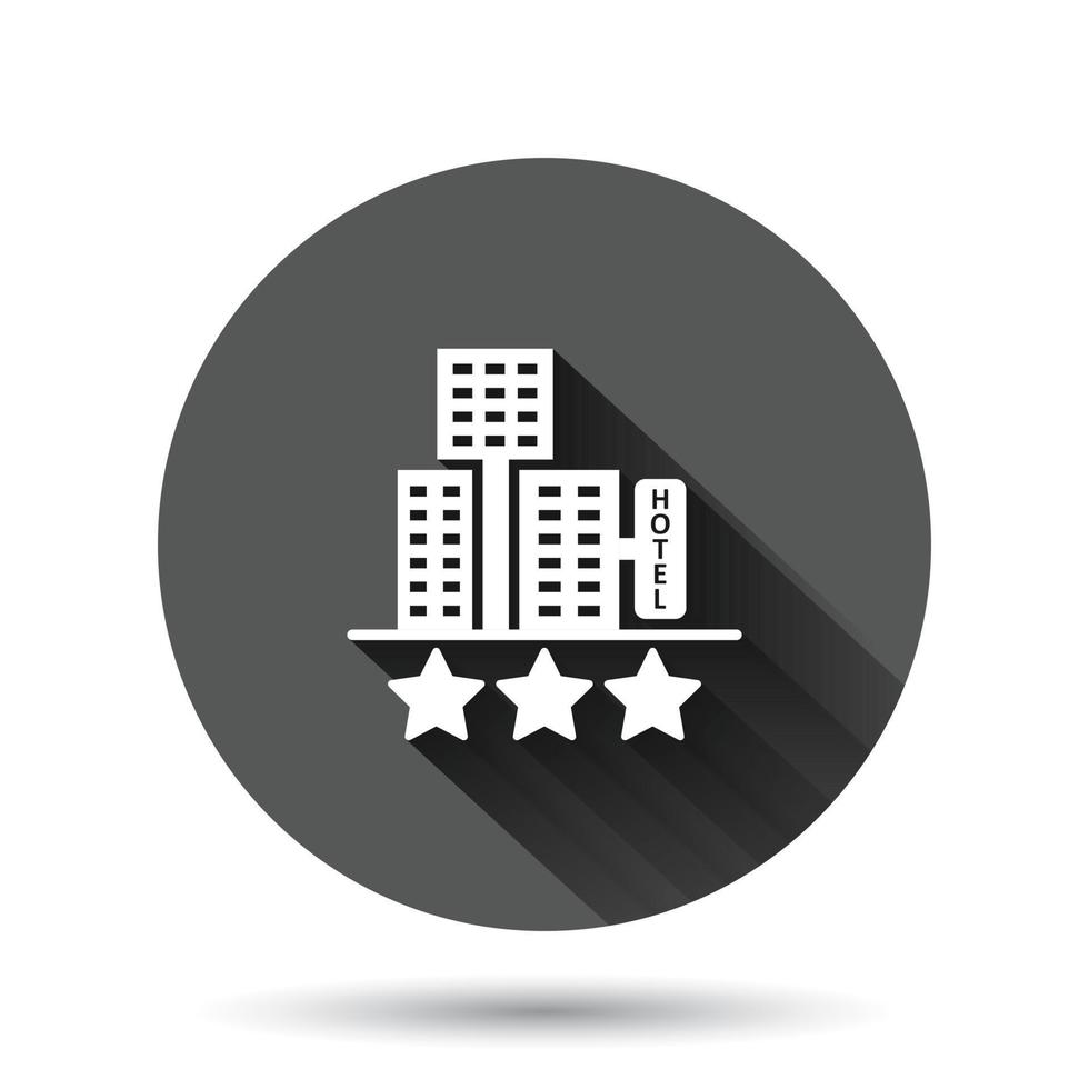 Hotel 3 stars sign icon in flat style. Inn building vector illustration on black round background with long shadow effect. Hostel room circle button business concept.