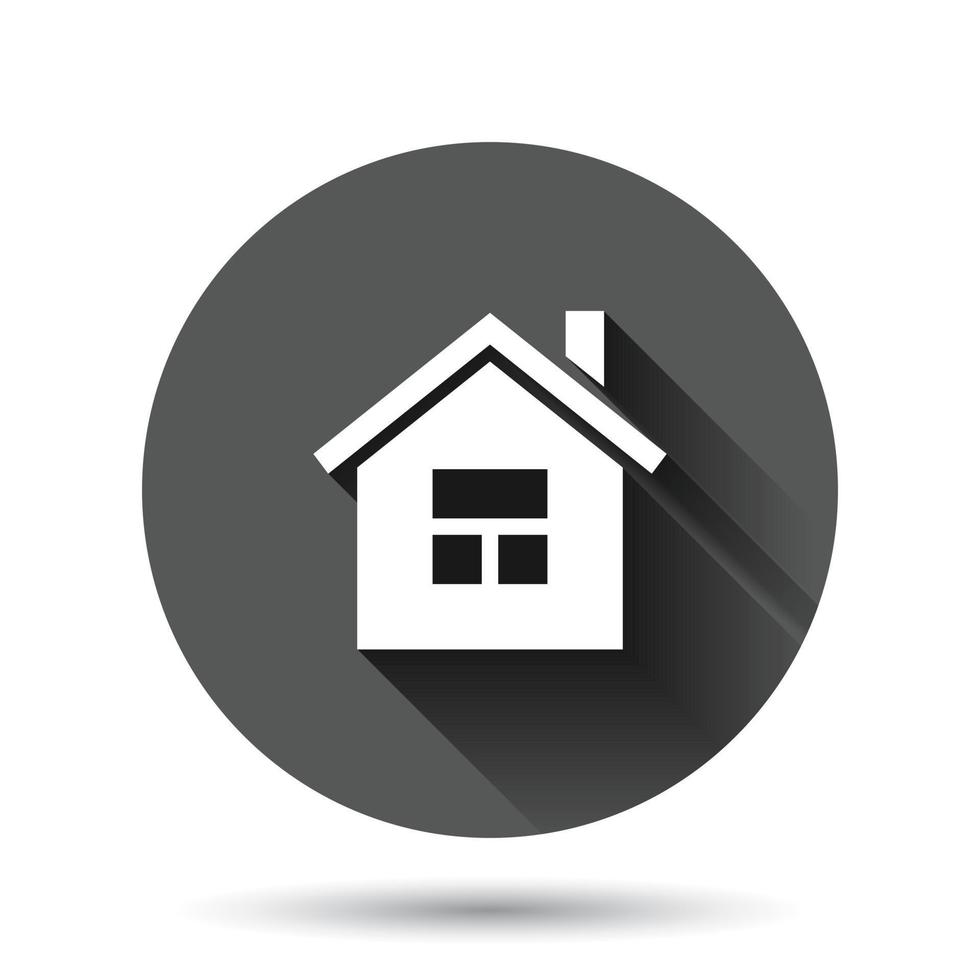 Building icon in flat style. Home vector illustration on black round background with long shadow effect. House circle button business concept.