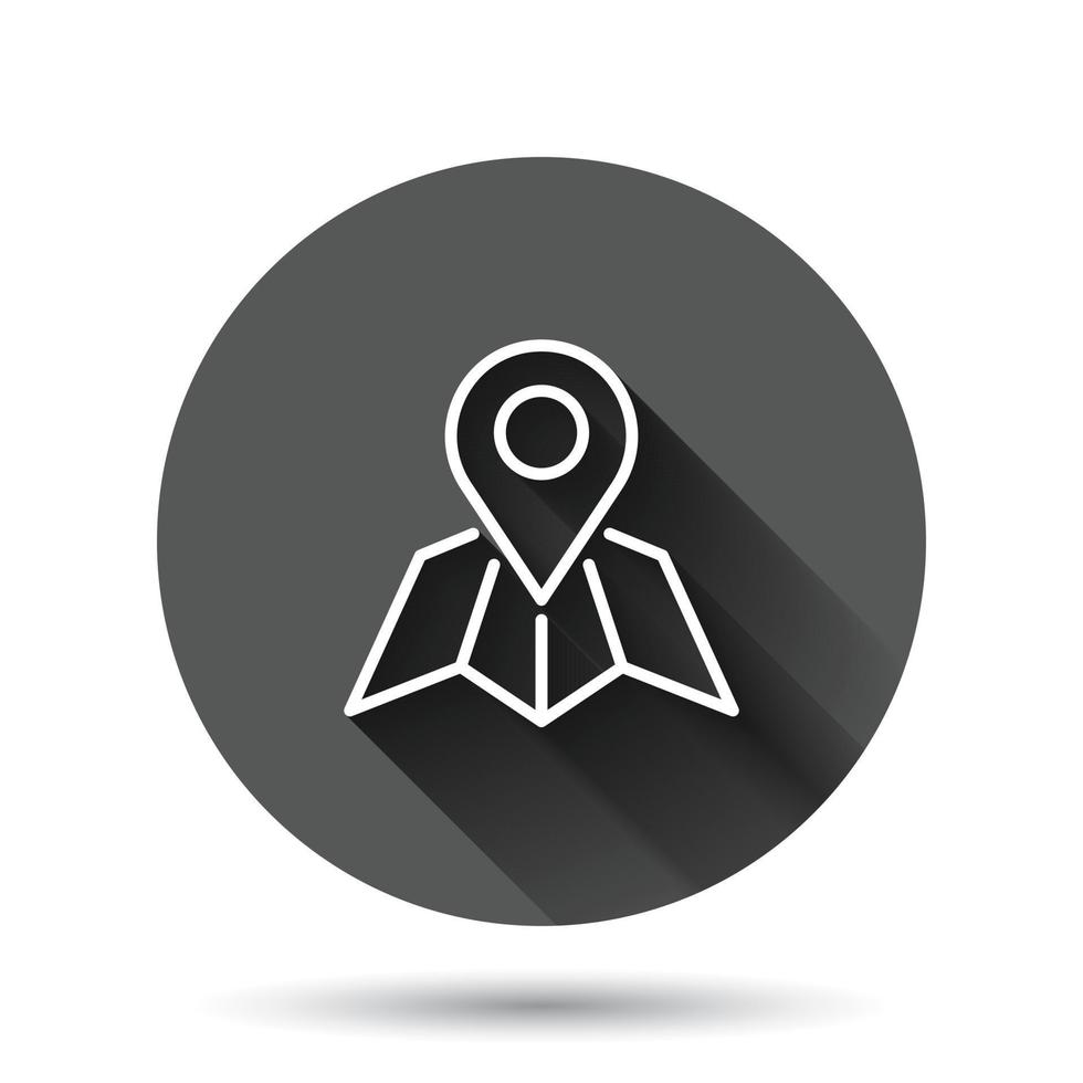 Map pin icon in flat style. gps navigation vector illustration on black round background with long shadow effect. Locate position circle button business concept.