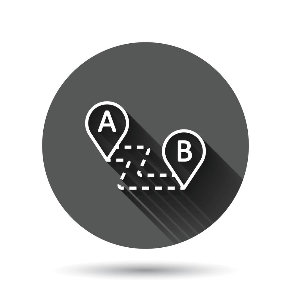 Map pin icon in flat style. GPS navigation vector illustration on black round background with long shadow effect. Locate position circle button business concept.