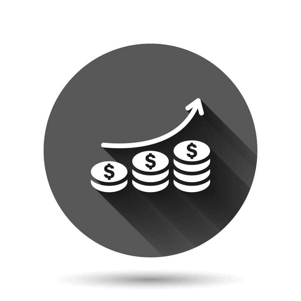 Income rate increase icon in flat style. Finance performance vector illustration on black round background with long shadow effect. Coin with growth arrow circle button business concept.