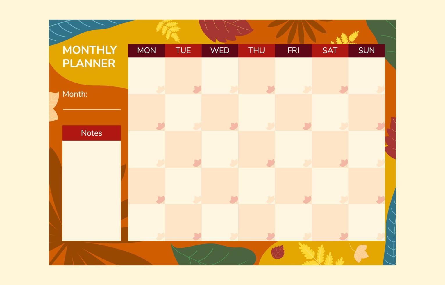 Warm Color Themed Monthly Planner Template vector