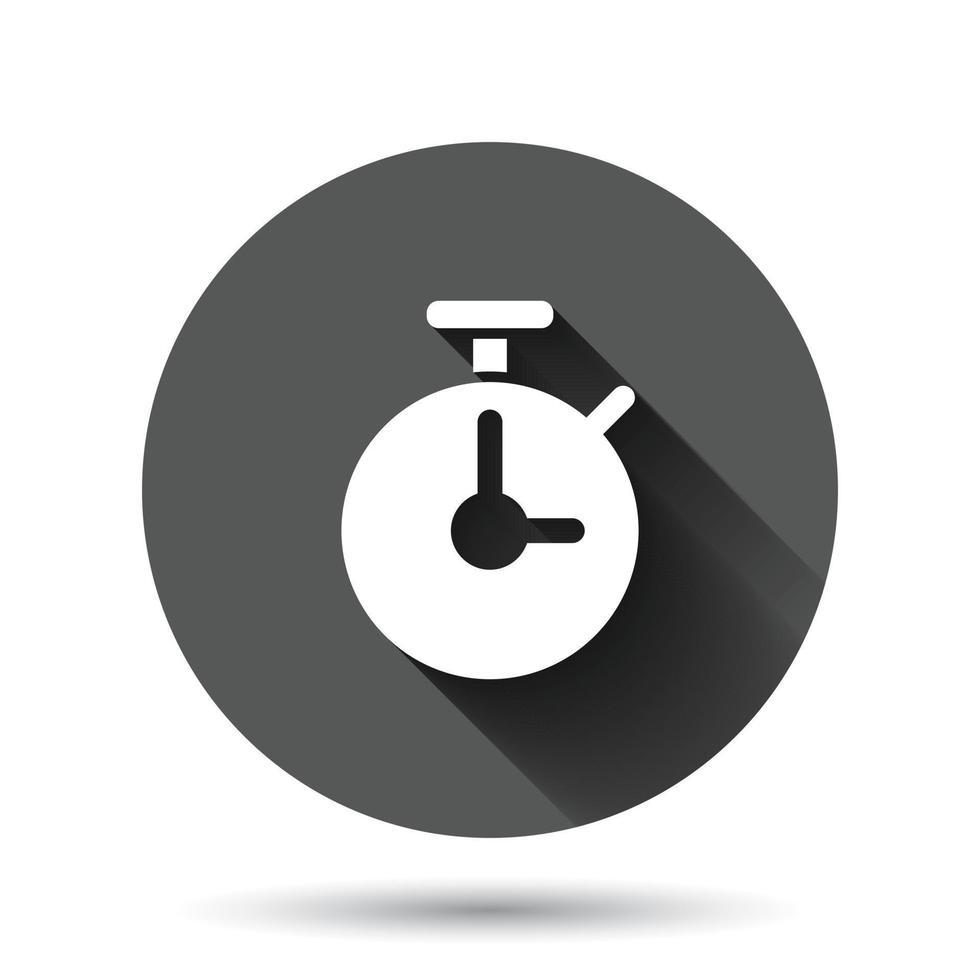 Clock icon in flat style. Watch vector illustration on black round background with long shadow effect. Timer circle button business concept.