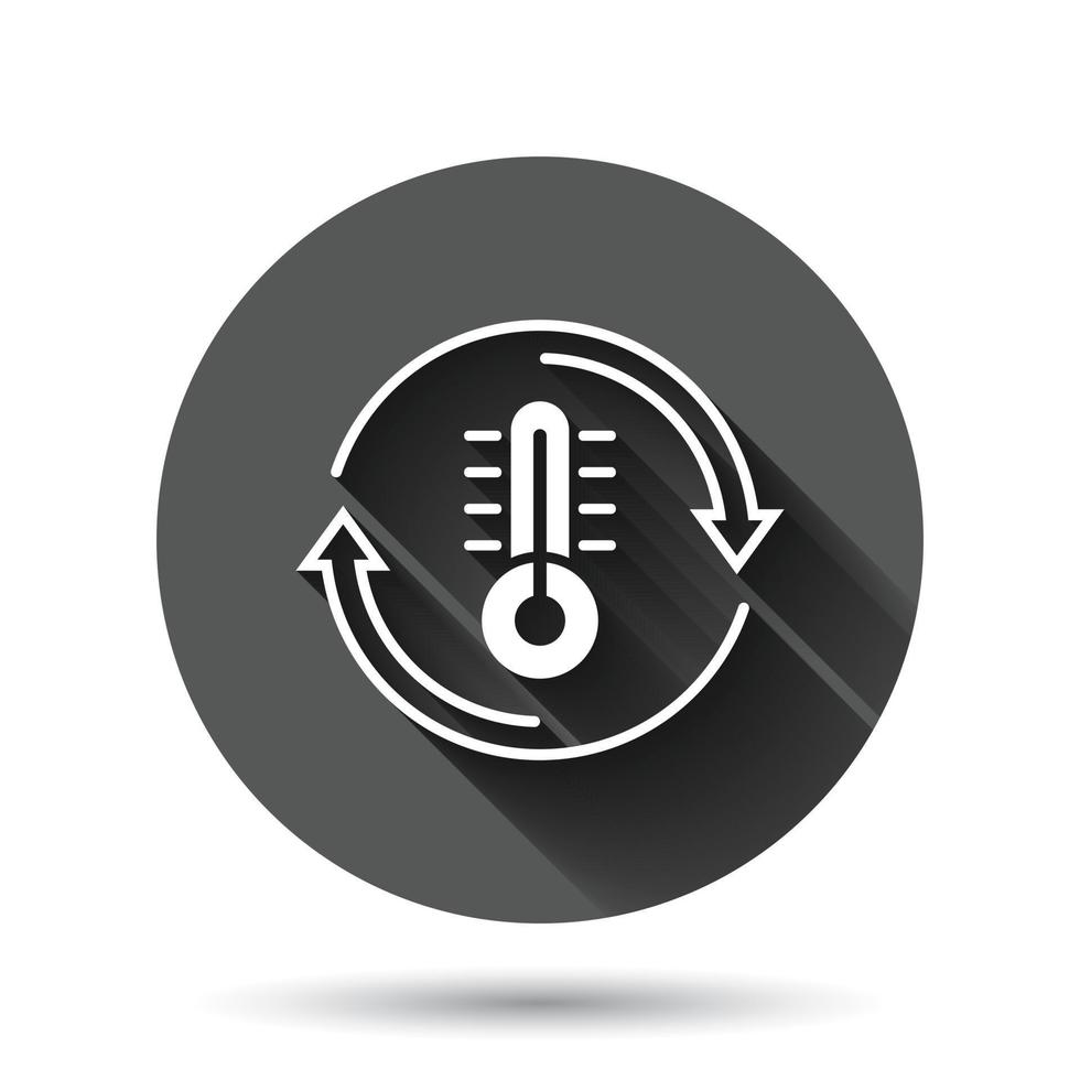 icono de control de temperatura del termómetro en estilo plano. ilustración de vector de equilibrio de meteorología sobre fondo redondo negro con efecto de sombra larga. Concepto de negocio de botón de círculo de temperatura fría y caliente.