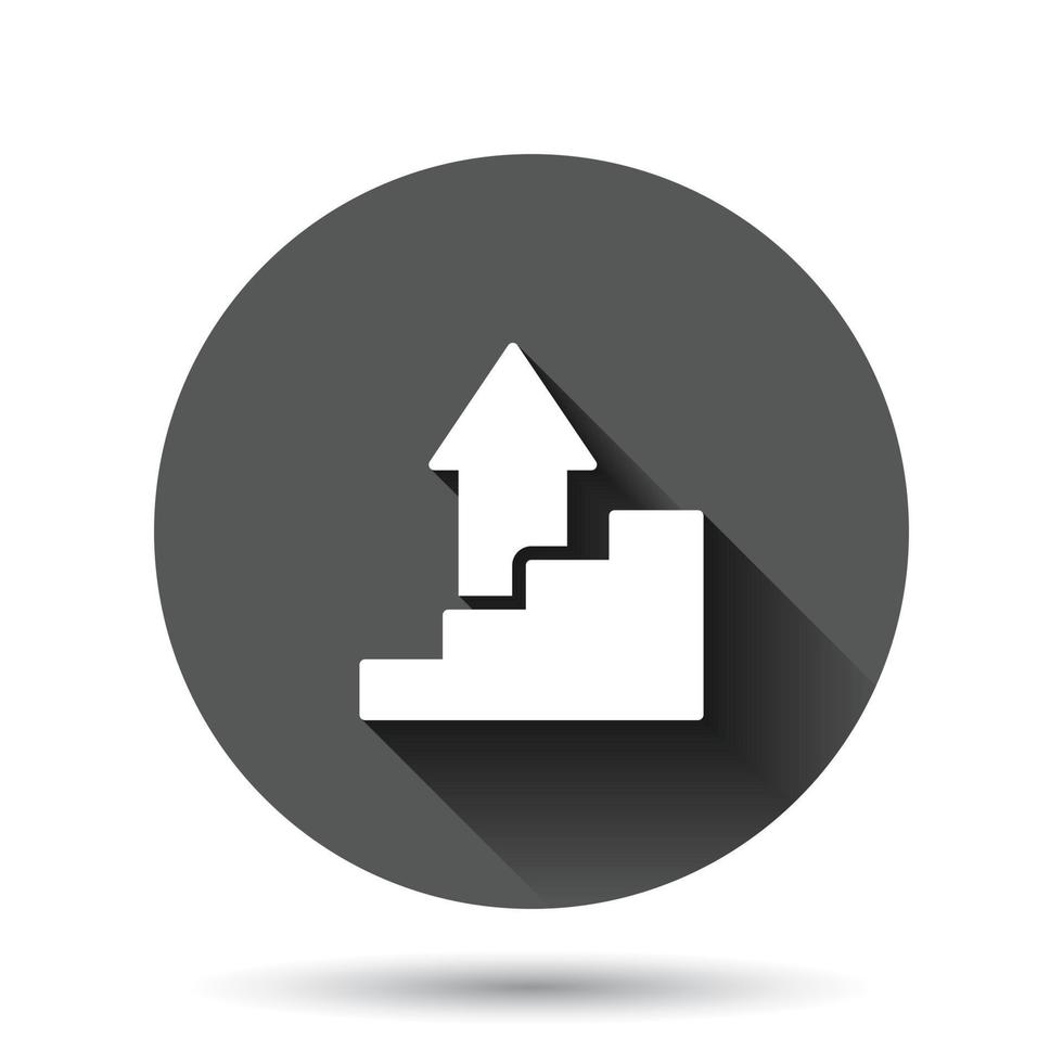 Chart graph icon in flat style. Arrow grow vector illustration on black round background with long shadow effect. Analysis circle button business concept.