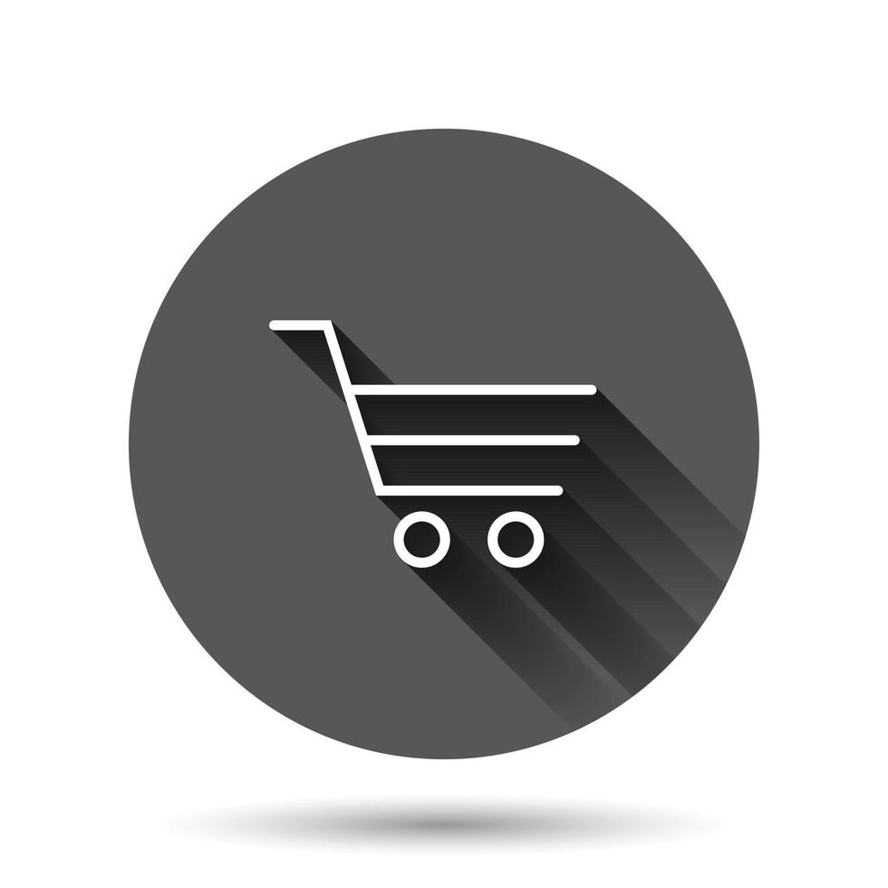 Shopping cart icon in flat style. Trolley vector illustration on black round background with long shadow effect. Basket circle button business concept.