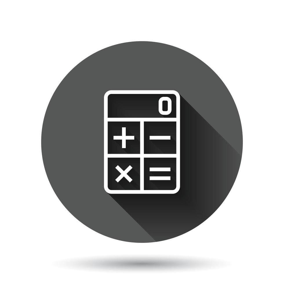 icono de calculadora en estilo plano. calcular la ilustración vectorial sobre fondo redondo negro con efecto de sombra larga. concepto de negocio de botón de círculo de cálculo. vector