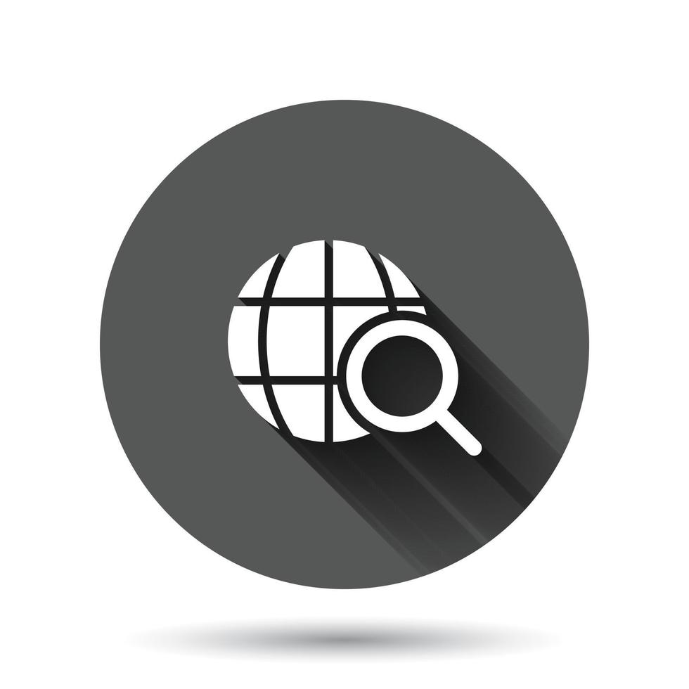 Globe search icon in flat style. Network navigation vector illustration on black round background with long shadow effect. Global geography loupe circle button business concept.