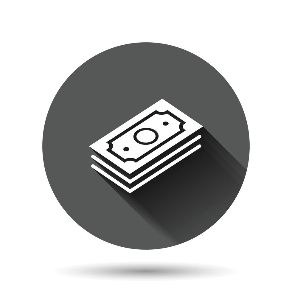 Money stack icon in flat style. Exchange cash vector illustration on black round background with long shadow effect. Banknote bill circle button business concept.