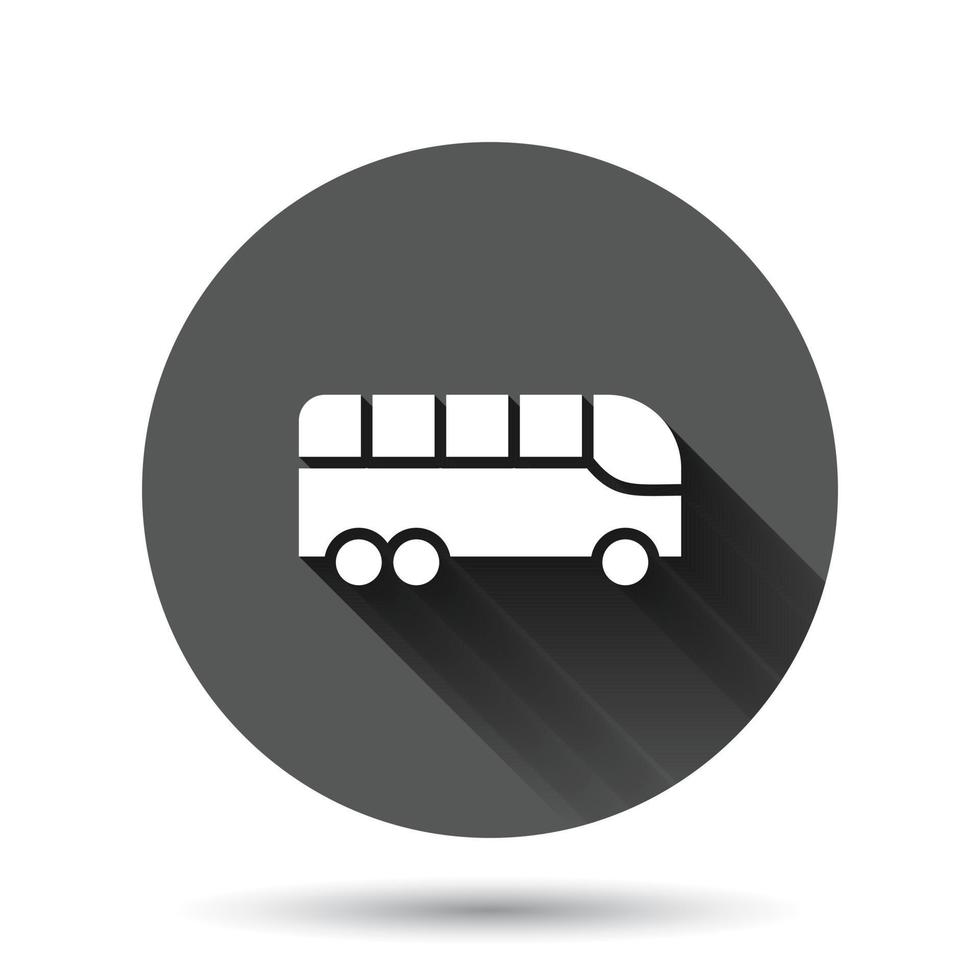 Bus icon in flat style. Coach vector illustration on black round background with long shadow effect. Autobus vehicle circle button business concept.